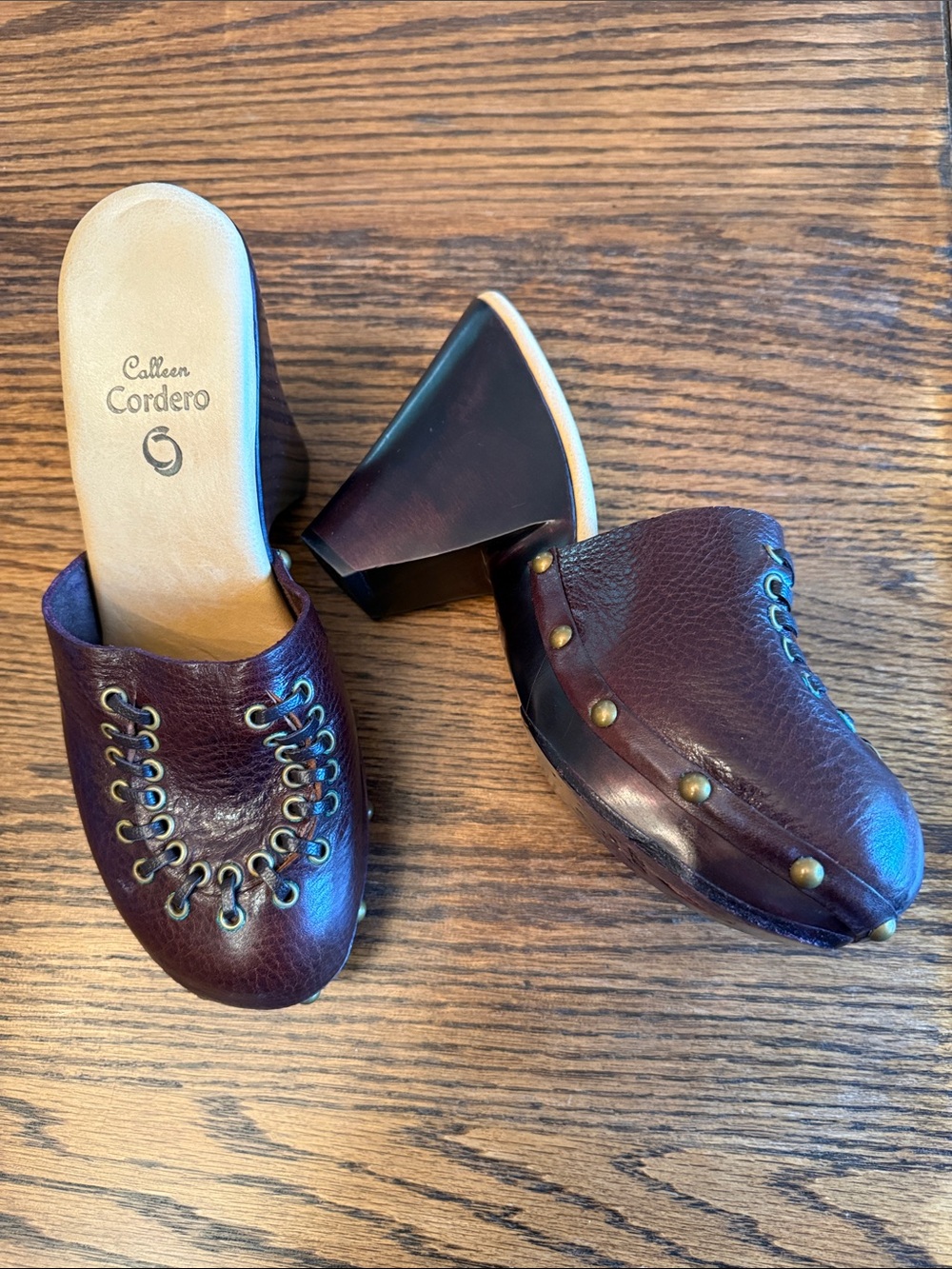 Designer 90s Y2K Boho Clogs by Calleen Cordero Leather Studded Mules Sz 9